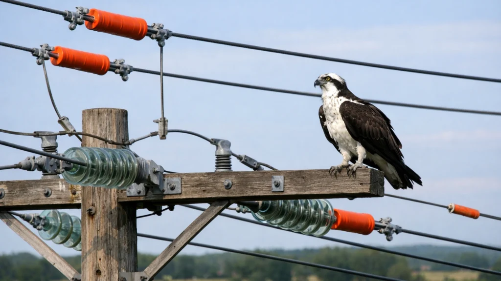 Velika ptica u blizini električnih vodova s ugrađenim izolatorima