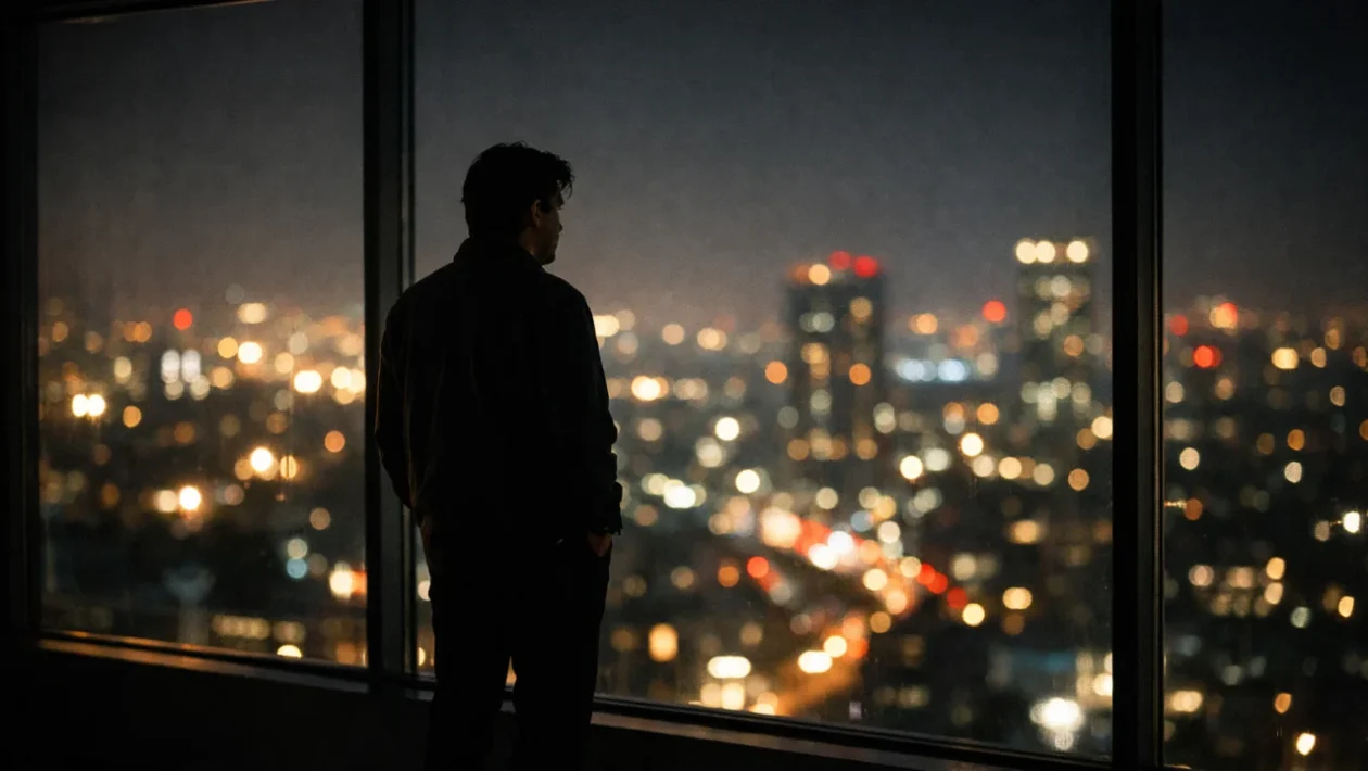 Osoba zamišljeno gleda kroz prozor noću, simbol gubljenja u snovima
