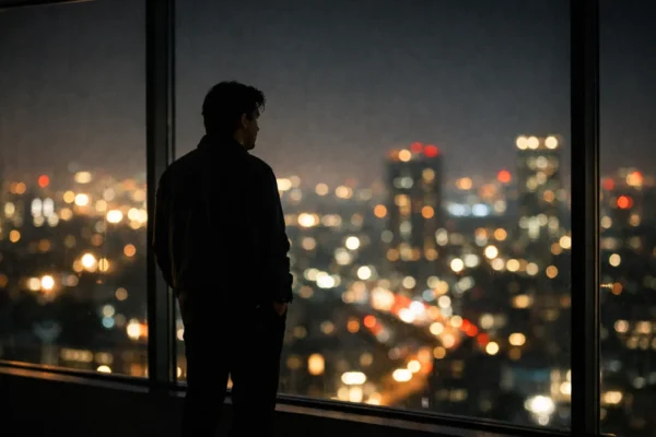 Osoba zamišljeno gleda kroz prozor noću, simbol gubljenja u snovima