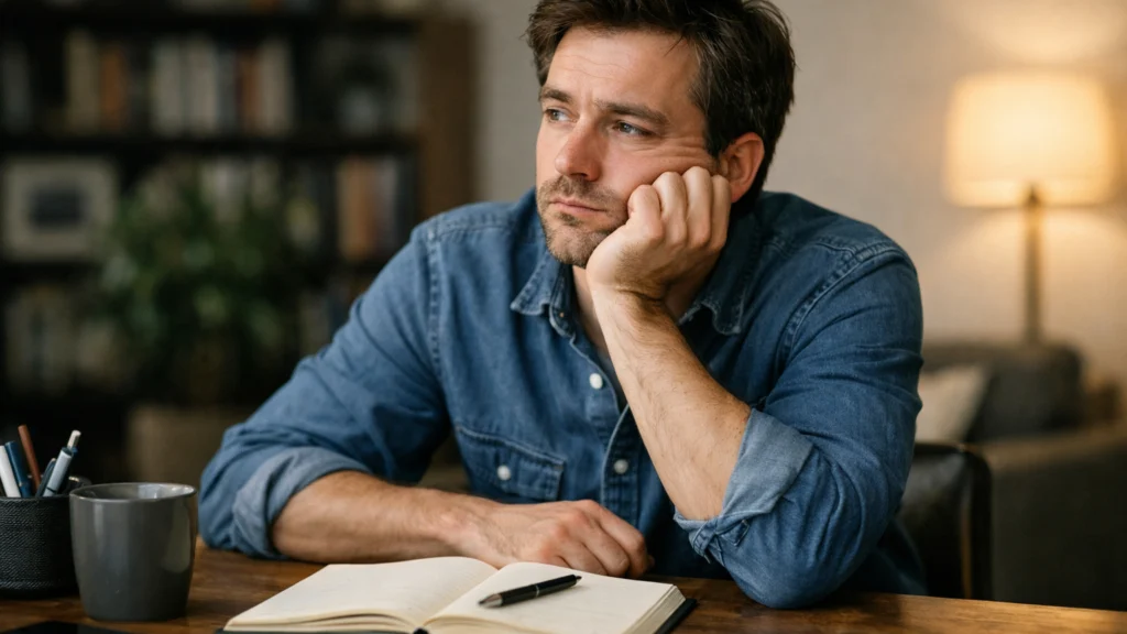 Muškarac za radnim stolom zamišljeno gleda u daljinu, simbol neostvarenih snova