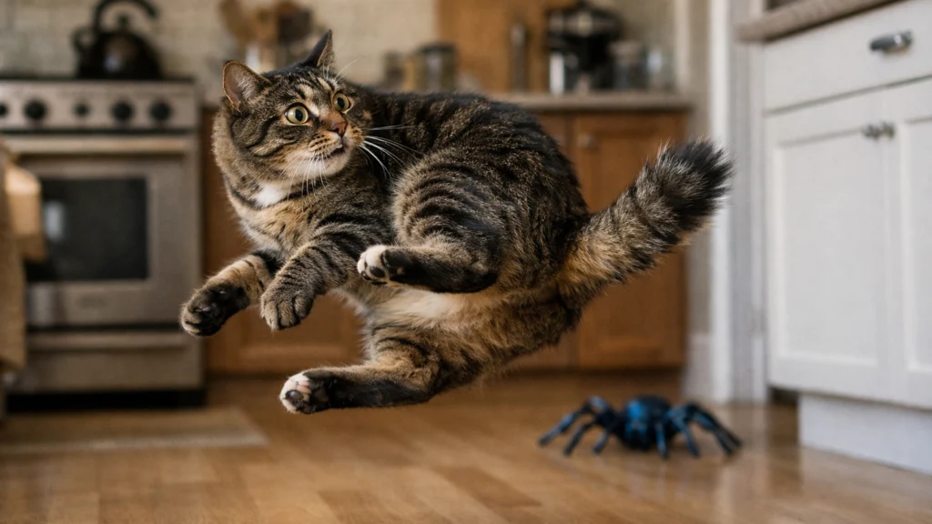 Iznenađena mačka skače u kuhinji nakon što primijeti krastavac
