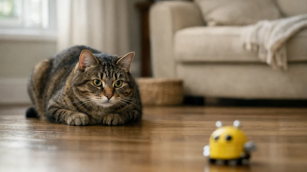 Mačka oprezno promatra novi predmet u prostoru bez stresa