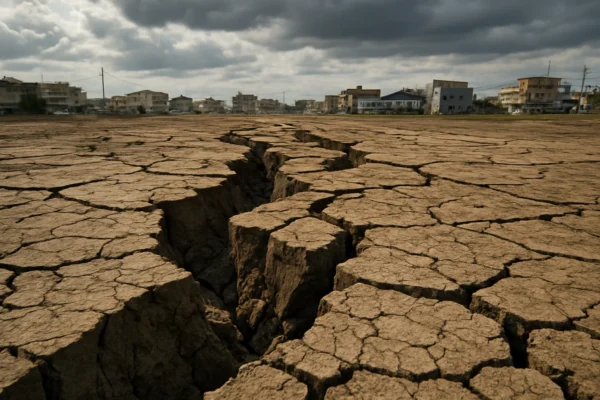 Tlo koje se trese tijekom potresa s vidljivim pukotinama u zemlji