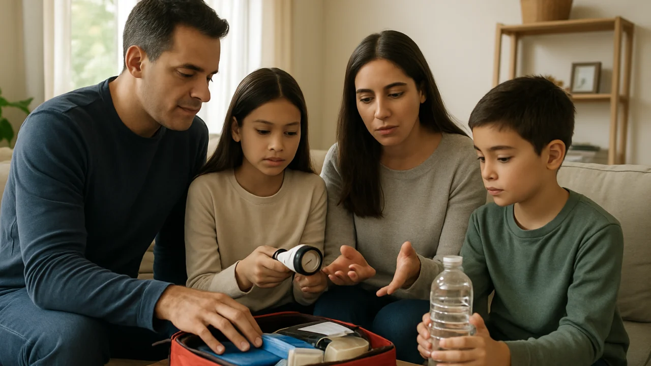 Obitelj koja se priprema za potres i provjerava plan sigurnosti