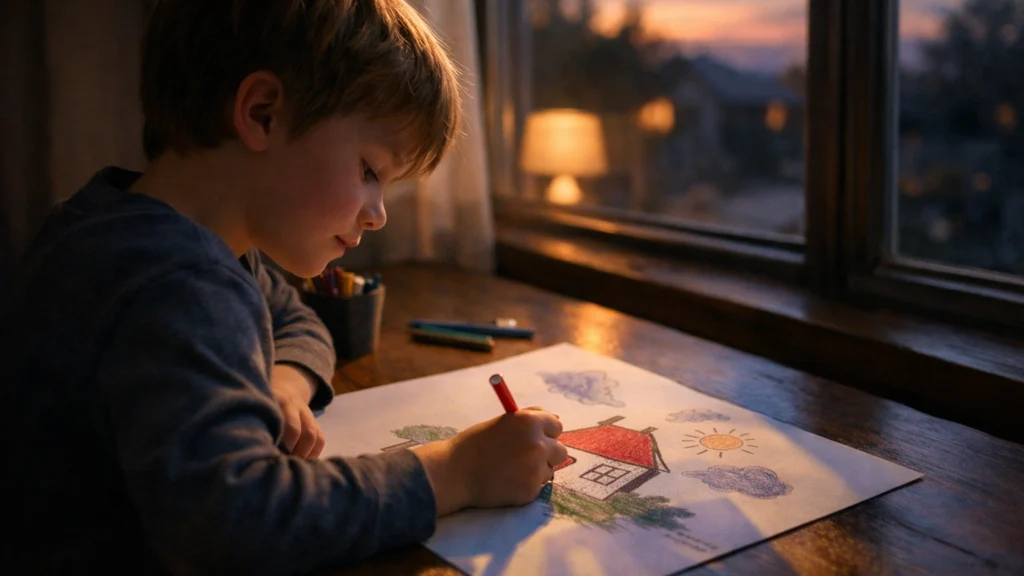 Dijete crta kuću u sumrak s plavim i ljubičastim sjenama