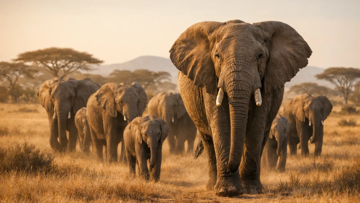 Krdo slonova u afričkoj savani predvođeno starijom slonicom, simbol izvanrednog pamćenja