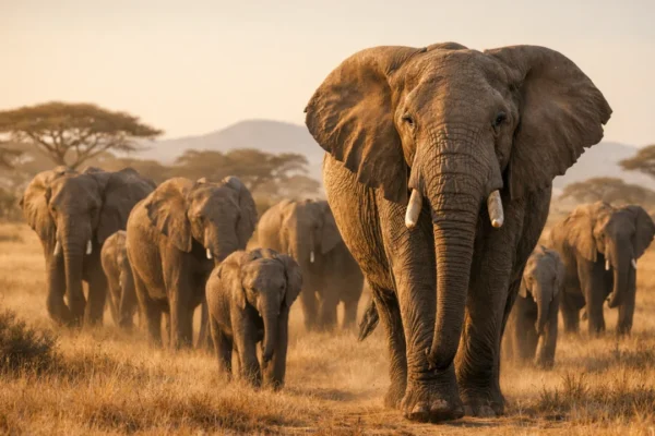 Krdo slonova u afričkoj savani predvođeno starijom slonicom, simbol izvanrednog pamćenja