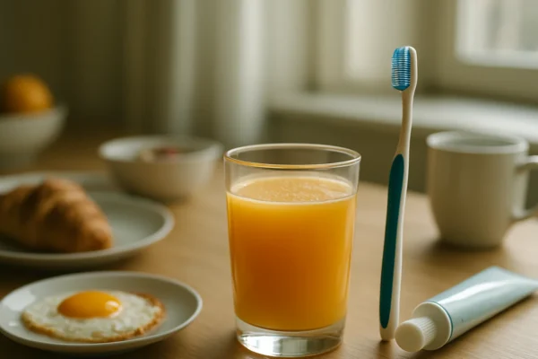 Čaša soka od naranče i četkica za zube na jutarnjem stolu, simbol gorkog okusa nakon pranja zubi