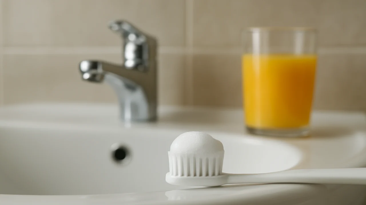 Pasta za zube i sok od naranče u kupaonici, prikaz utjecaja paste na okus