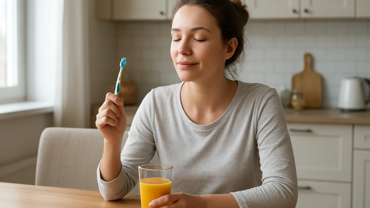 Jutarnja rutina s čekanjem prije ispijanja soka od naranče nakon pranja zubi