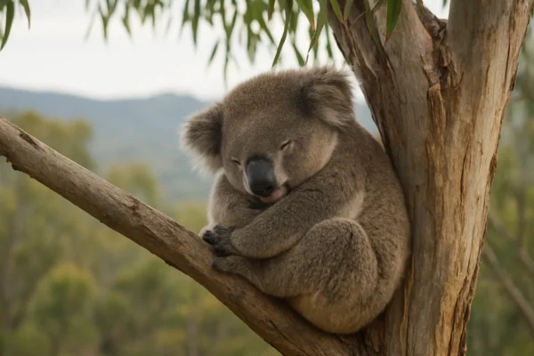 Koala spava na stablu eukaliptusa u australskoj prirodi
