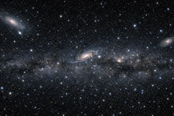 Crna pozadina svemira s udaljenim zvijezdama i galaksijama gledana s noćnog neba