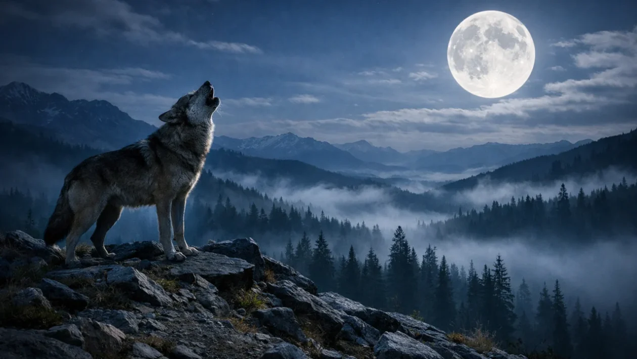 Vuk zavija u noći na planinskom grebenu – simbol glasa divljine