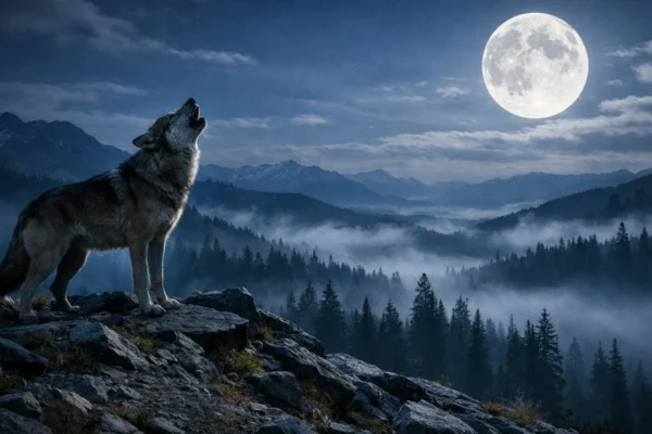 Vuk zavija u noći na planinskom grebenu – simbol glasa divljine