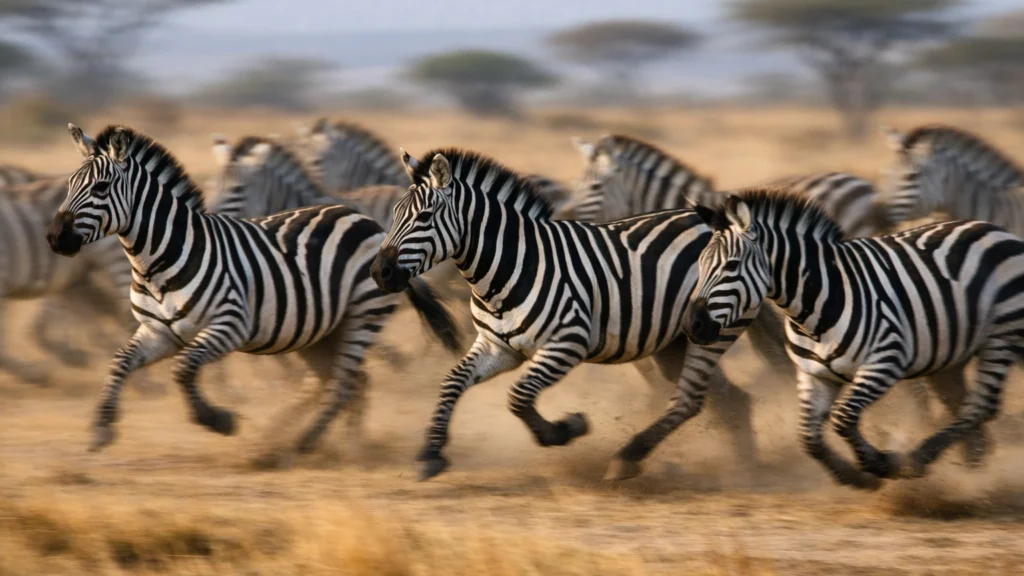 Zebre u trku u krdu gdje se pruge stapaju i zbunjuju grabežljivce