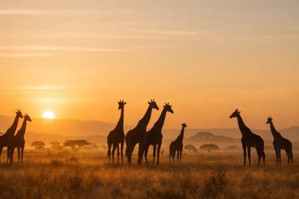 Žirafe u tišini na afričkoj savani u zoru