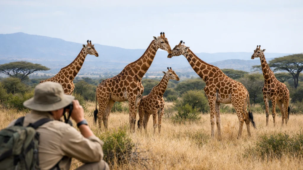Istraživač promatra ponašanje žirafa i njihovu tihu komunikaciju
