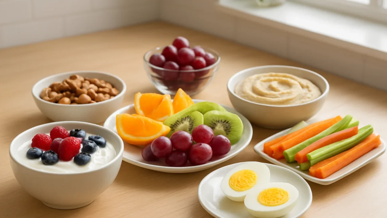 Zdravi međuobroci koji daju energiju poput voća, jogurta, orašastih plodova i povrća