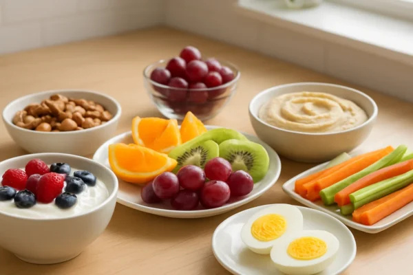 Zdravi međuobroci koji daju energiju poput voća, jogurta, orašastih plodova i povrća