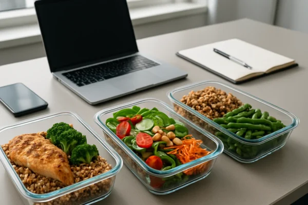 Zdravi ručkovi za posao pripremljeni unaprijed na radnom stolu