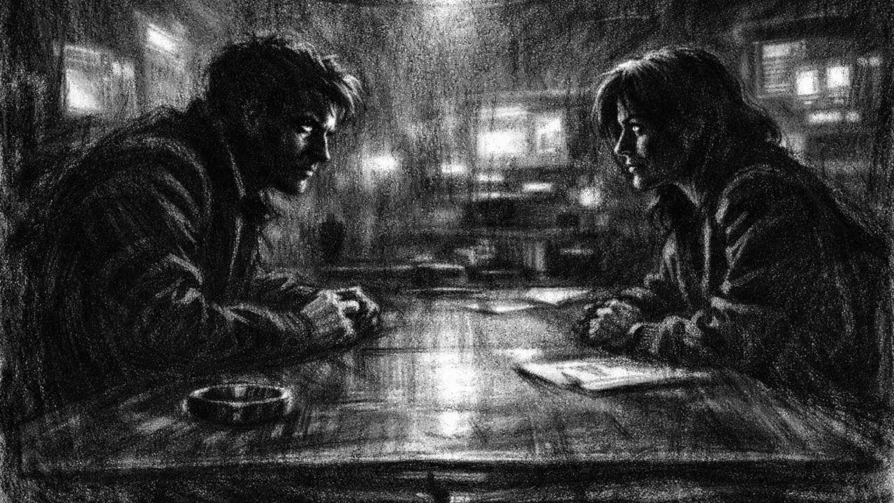 Intimna scena razgovora u charcoal film noir stilu, dvoje ljudi u polusjeni, visoka napetost i emocionalna težina naglašena kontrastnim osvjetljenjem.
