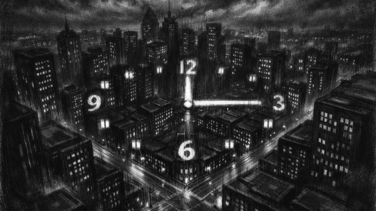 Noćni gradski pejzaž u charcoal film noir stilu, duboke sjene i geometrija svjetala stvaraju osjećaj neprekidnog protoka vremena i tjeskobne tišine.