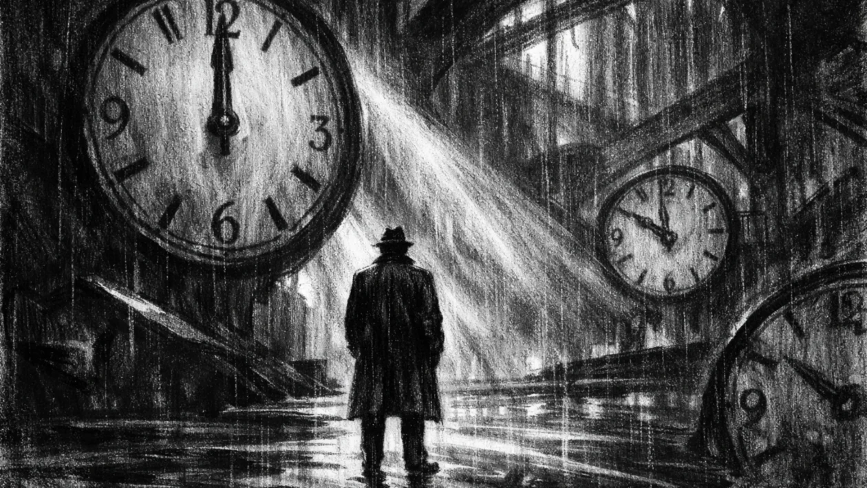 Hero kadar u charcoal film noir stilu: usamljena figura okružena satovima i tamnom urbanom arhitekturom, snažan osjećaj pritiska vremena i tjeskobne atmosfere.