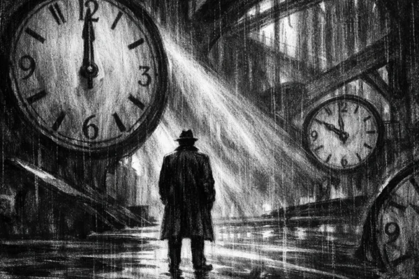 Hero kadar u charcoal film noir stilu: usamljena figura okružena satovima i tamnom urbanom arhitekturom, snažan osjećaj pritiska vremena i tjeskobne atmosfere.
