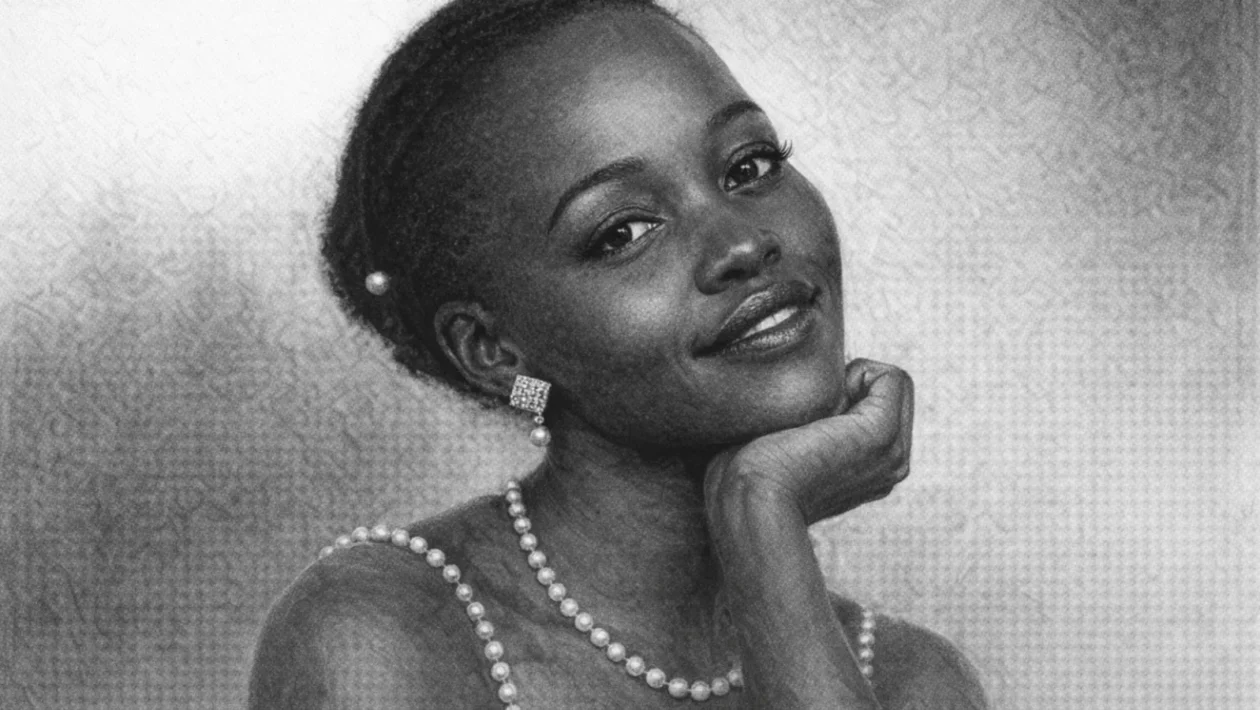 Portret Lupita Nyong'o u ugalj stilu, crno-bijeli crtež s visokim kontrastom i izražajnim linijama.