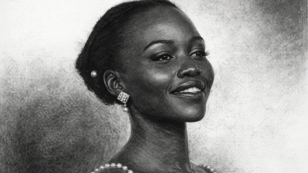 Portret Lupita Nyong'o u ugalj stilu, crno-bijeli crtež s visokim kontrastom i izražajnim linijama.