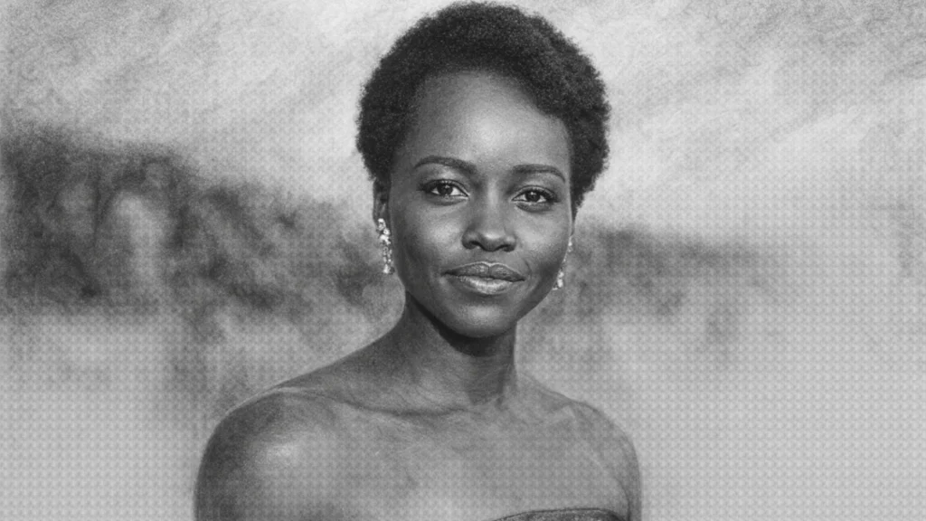 Portret Lupita Nyong'o u ugalj stilu, crno-bijeli crtež s visokim kontrastom i izražajnim linijama.