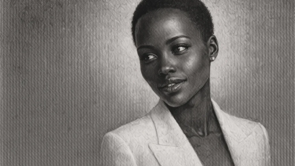 Portret Lupita Nyong'o u ugalj stilu, crno-bijeli crtež s visokim kontrastom i izražajnim linijama.