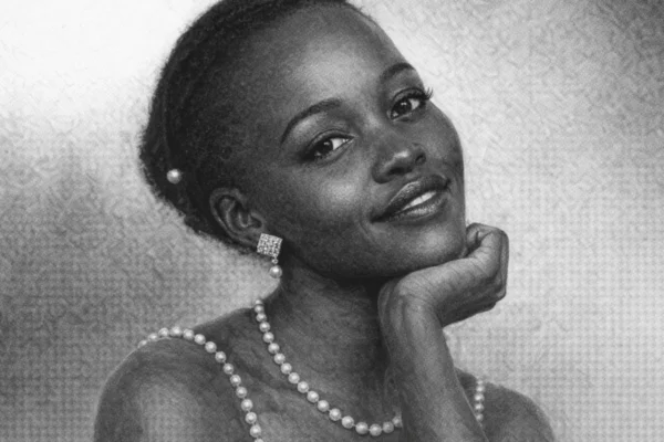 Portret Lupita Nyong'o u ugalj stilu, crno-bijeli crtež s visokim kontrastom i izražajnim linijama.