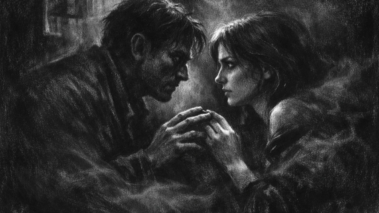 Dvoje ljudi u tihoj unutarnjoj sceni, emocije izražene pogledima, charcoal film noir stil.