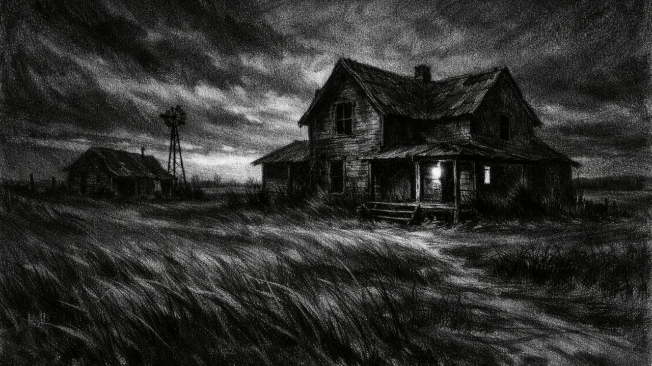 Napustena seoska kuća u tišini i mraku, sablasna atmosfera, charcoal film noir stil.