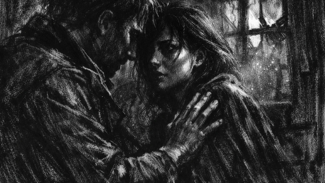 Emotivna unutarnja scena u charcoal film noir stilu, dvije osobe u tišini, snažan kontrast svjetla i sjene, tjeskobna atmosfera