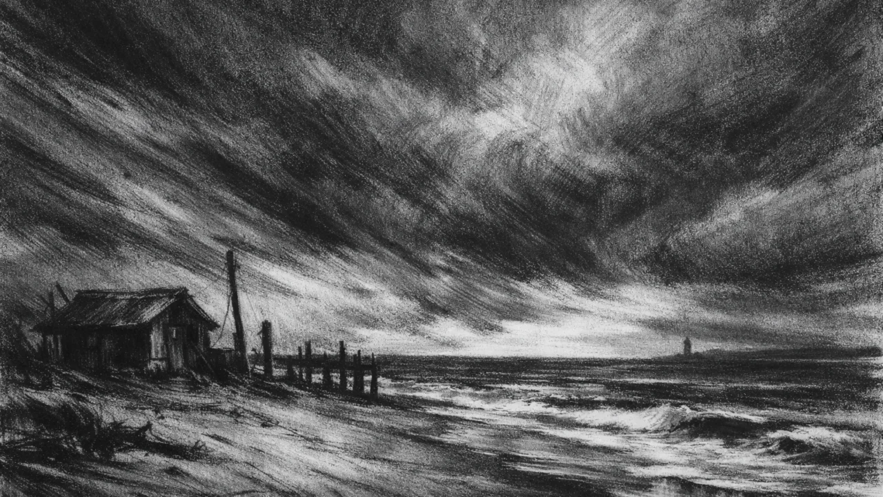 Atmosferski pejzaž obale u charcoal film noir stilu, pusto okruženje, tamno nebo i osjećaj izolacije