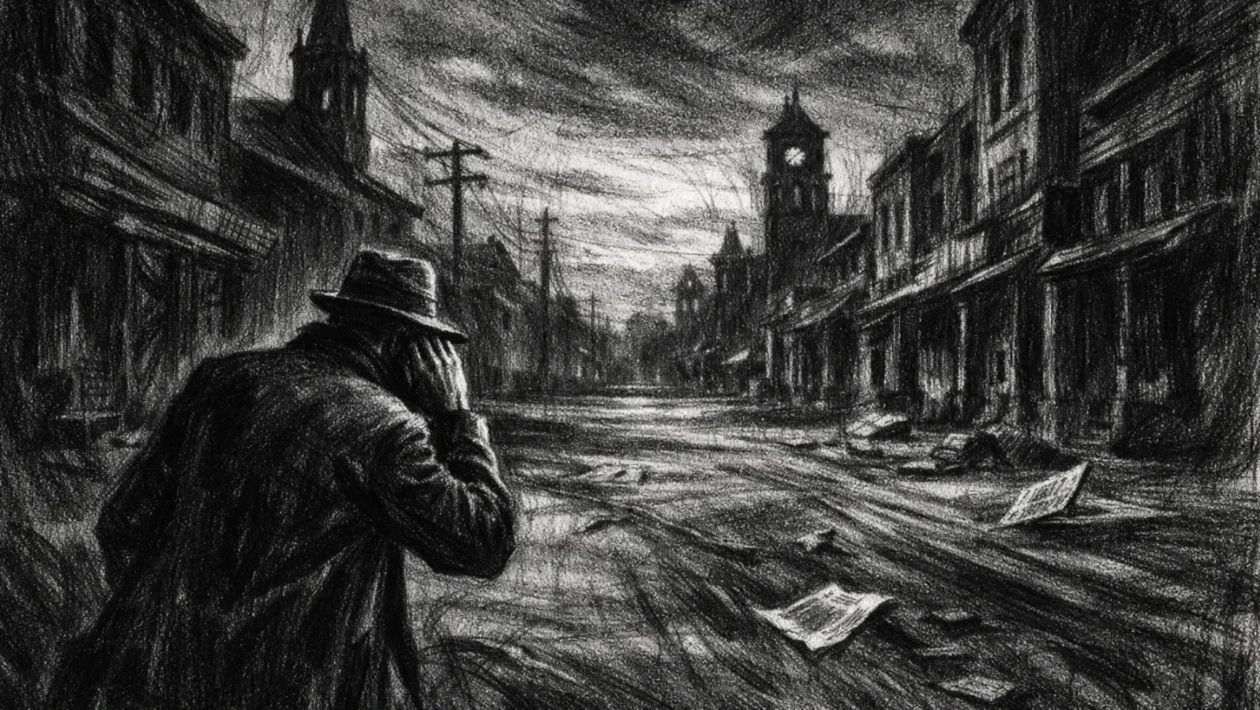 Filmski poster u charcoal film noir stilu, crno-bijela scena napuštenog grada s usamljenom figurom, duboke sjene i napeta tišina