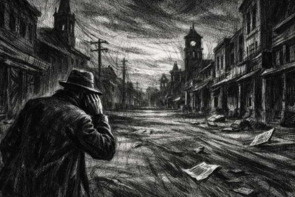 Filmski poster u charcoal film noir stilu, crno-bijela scena napuštenog grada s usamljenom figurom, duboke sjene i napeta tišina