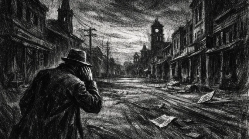 Filmski poster u charcoal film noir stilu, crno-bijela scena napuštenog grada s usamljenom figurom, duboke sjene i napeta tišina