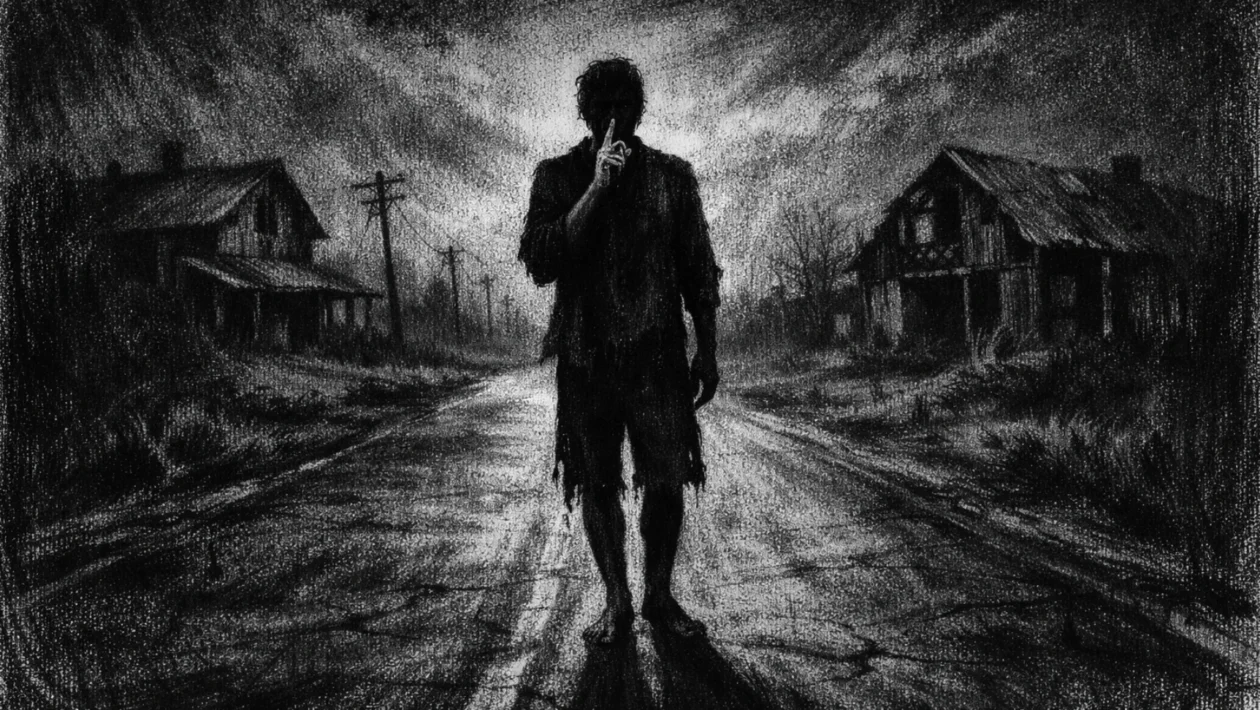 Cinematični poster s usamljenom figurom u tišini, snažne sjene i napet ugođaj, charcoal film noir stil.
