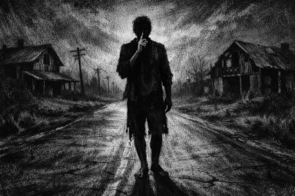 Cinematični poster s usamljenom figurom u tišini, snažne sjene i napet ugođaj, charcoal film noir stil.