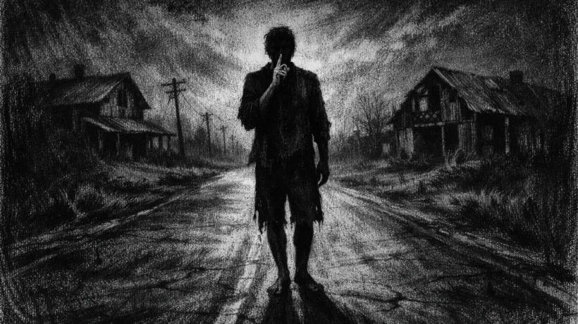 Cinematični poster s usamljenom figurom u tišini, snažne sjene i napet ugođaj, charcoal film noir stil.