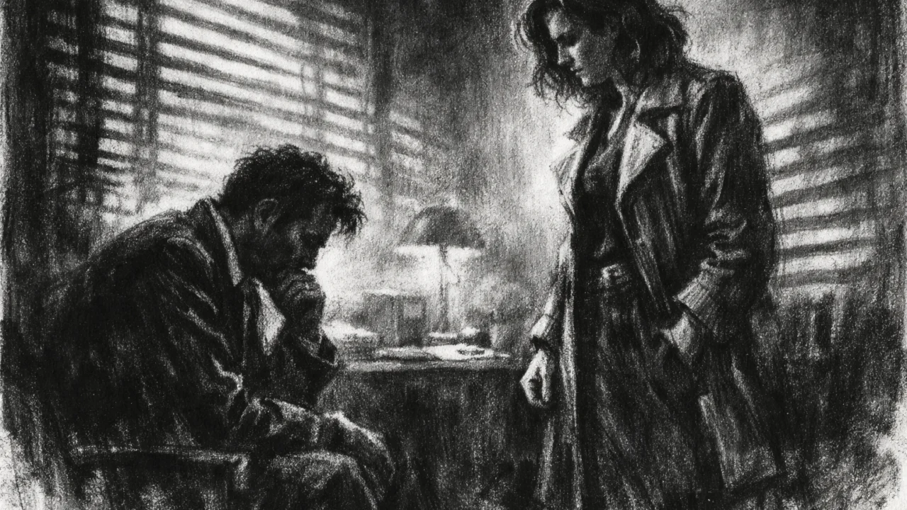 Dramatična intimna scena u charcoal film noir stilu, crno-bijela atmosfera s jakim sjenama i emocionalnom napetošću u zatvorenom prostoru
