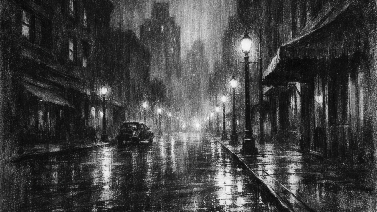 Atmosferski gradski prizor u charcoal film noir stilu, crno-bijela noćna ulica s dubokim sjenama, refleksijama svjetla i melankoličnim ugođajem