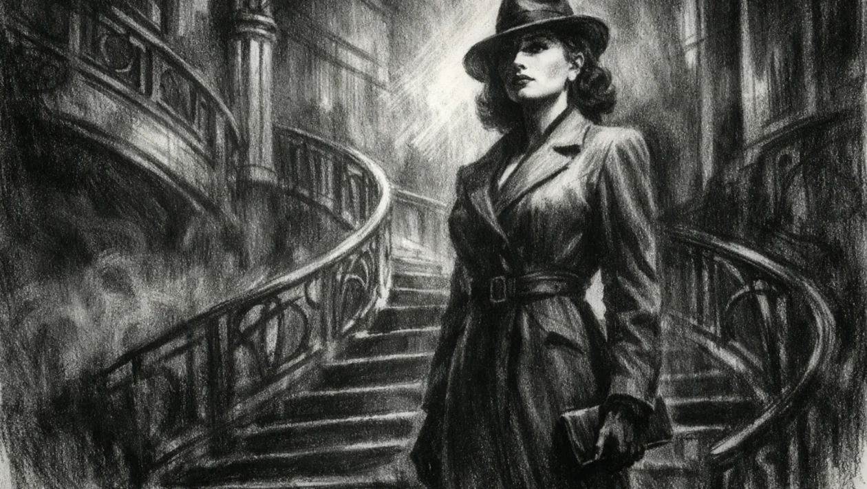 Hero scena u charcoal film noir stilu, crno-bijeli poster s jakim kontrastom, dubokim sjenama i dramatičnim svjetlom, naglašava samopouzdanje i neovisnost figure