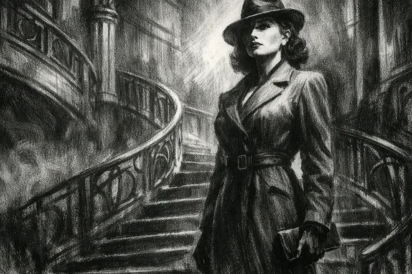 Hero scena u charcoal film noir stilu, crno-bijeli poster s jakim kontrastom, dubokim sjenama i dramatičnim svjetlom, naglašava samopouzdanje i neovisnost figure