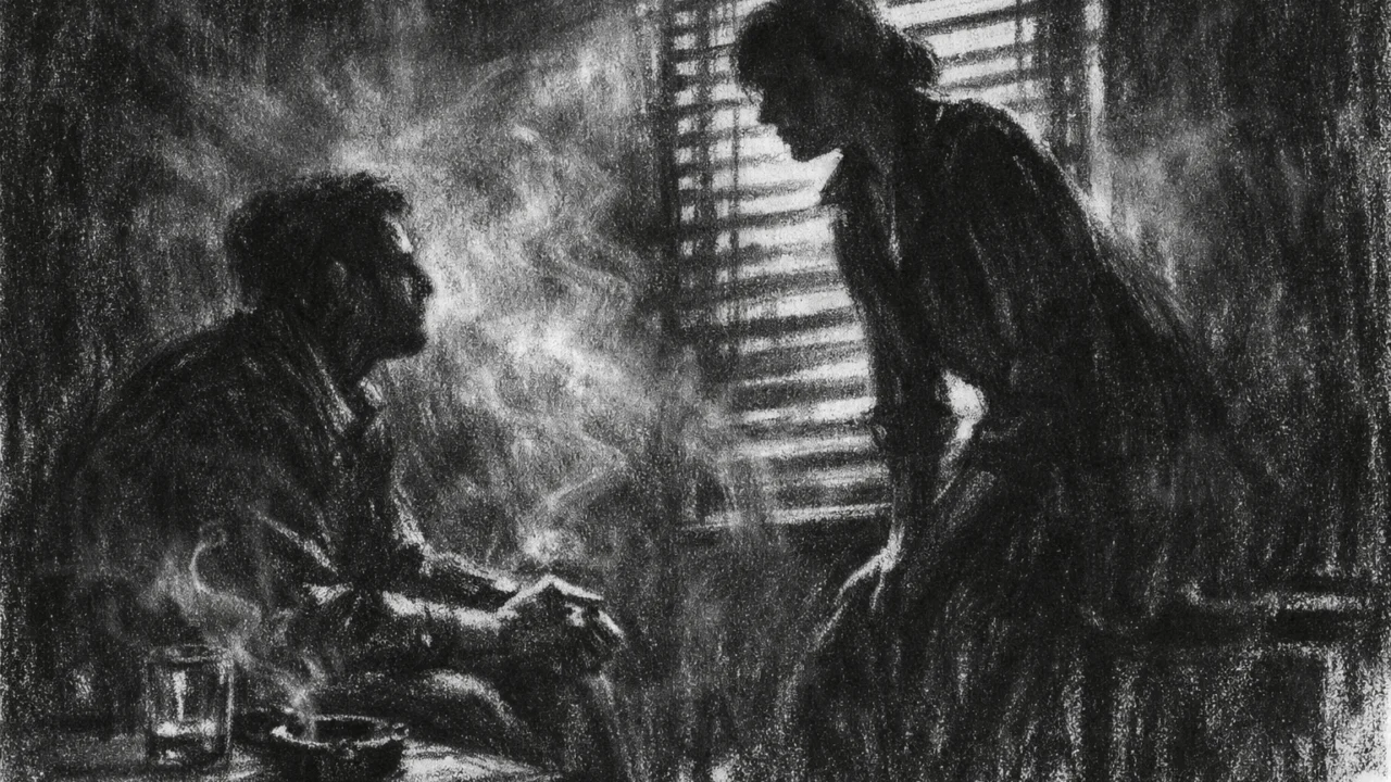 Dvoje ljudi u tihom razgovoru u mračnoj prostoriji, svjetlo kroz rolete stvara sjene, charcoal film noir stil s naglašenom atmosferom.