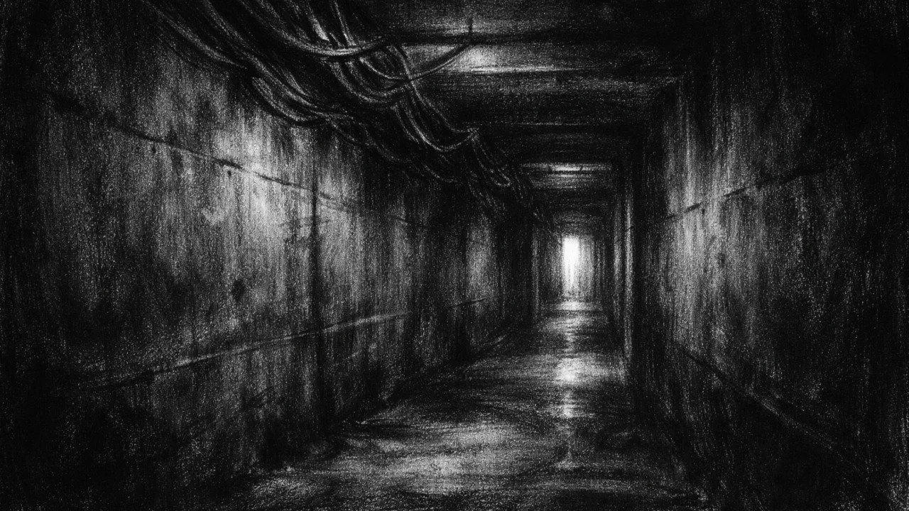 Prazan podzemni hodnik s dubokim sjenama i udaljenim svjetlom, tajanstven ugođaj, charcoal film noir stil u crno-bijeloj izvedbi.