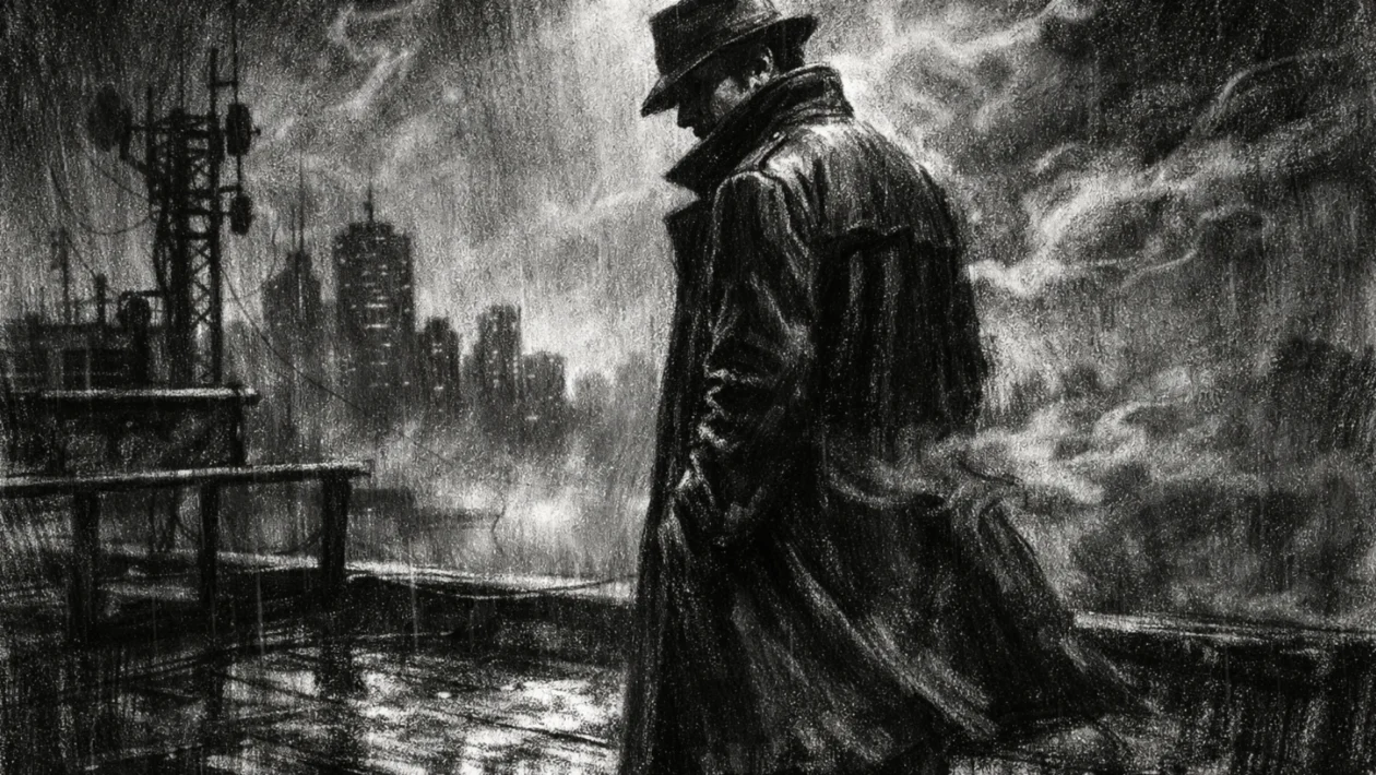 Cinematic poster s usamljenom figurom na krovu grada, snažne sjene i magla, charcoal film noir stil u crno-bijeloj paleti.
